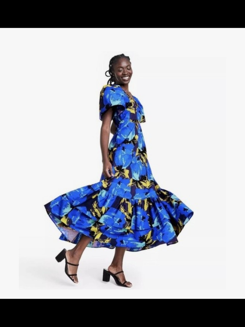 Christopher John Rogers Blue, Teal & Yellow Abstract Midi Dress